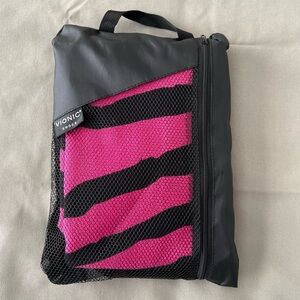 Vionic Black and Pink Beach Towel with Carrying Bag